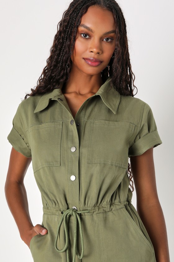 Functional Aesthetic Olive Green Twill Short Sleeve Jumpsuit 3