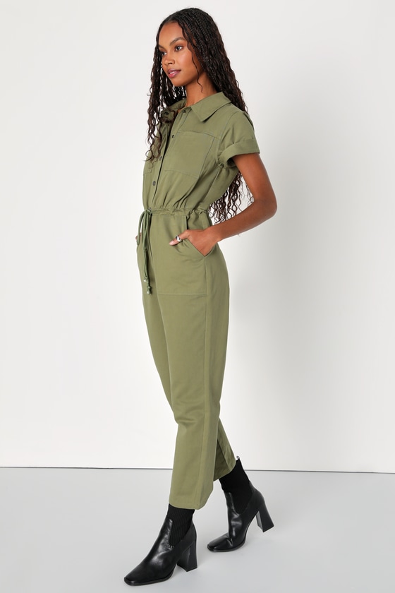 Green Twill Jumpsuit - Short Sleeve Jumpsuit - Utility Jumpsuit - Lulus