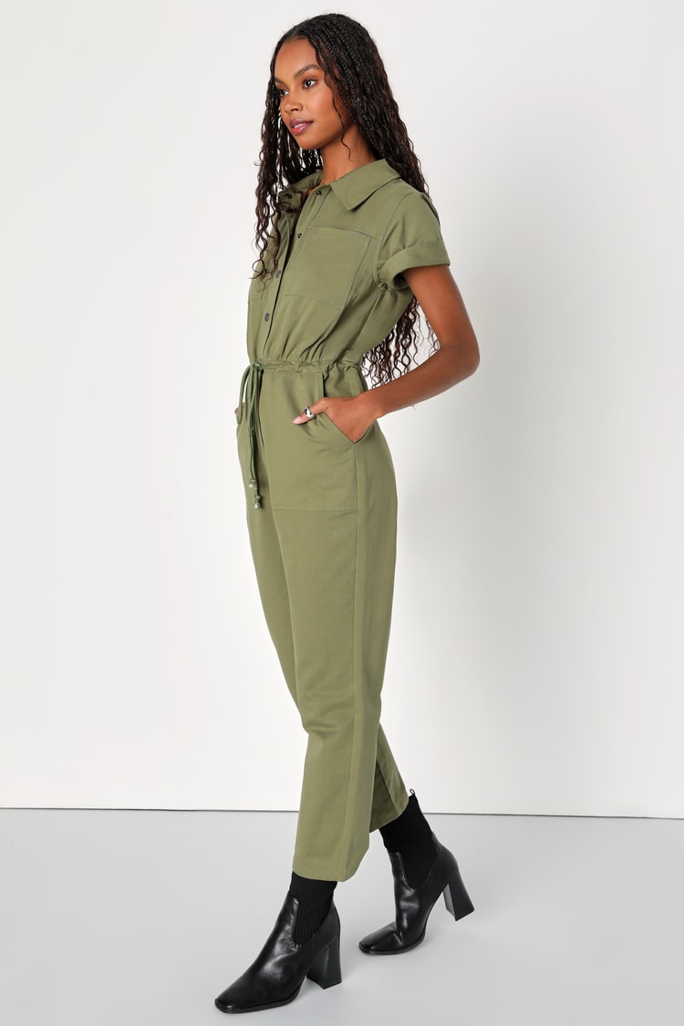 Green Twill Jumpsuit - Short Sleeve Jumpsuit - Utility Jumpsuit - Lulus
