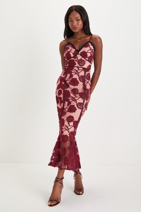 Alluring Dream Burgundy Floral Mesh Lace Trumpet Midi Dress 1