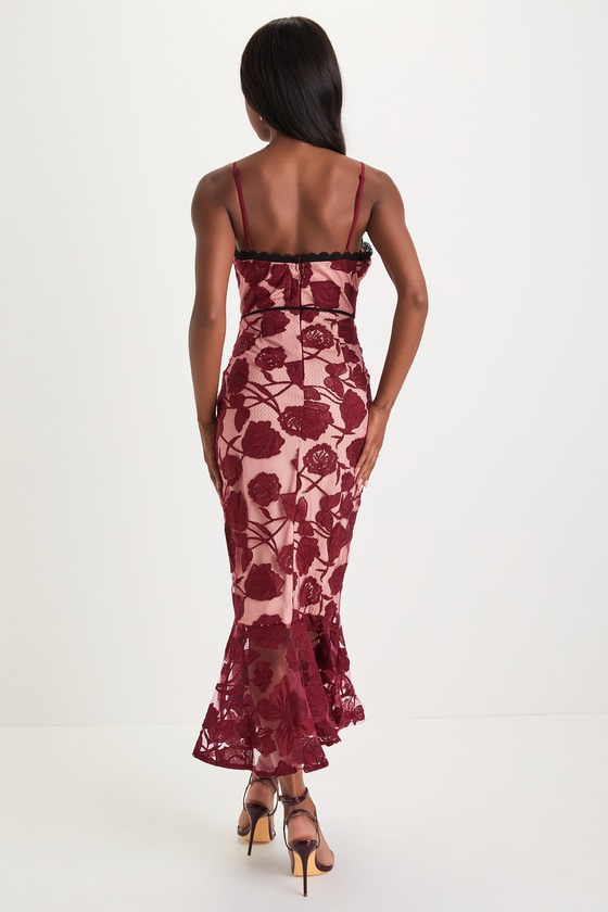 Alluring Dream Burgundy Floral Mesh Lace Trumpet Midi Dress 8