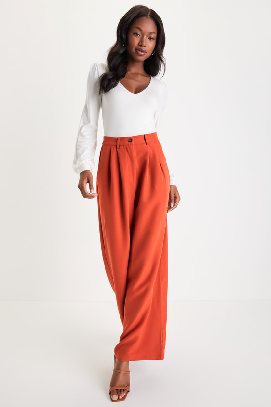 Petite Orange Cotton Pleated Wide Leg Trousers | New Look