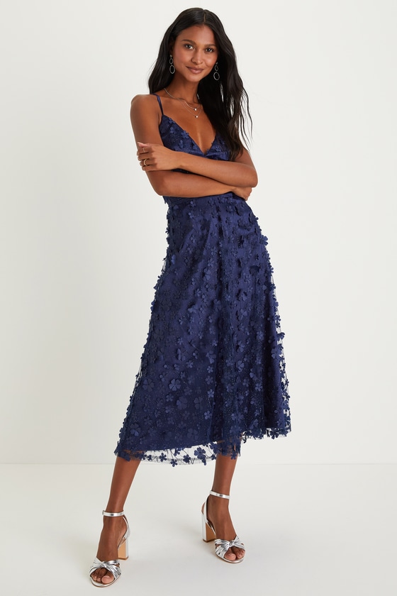 Whimsical Blooms Navy Blue 3D Floral Glitter Midi Dress 4