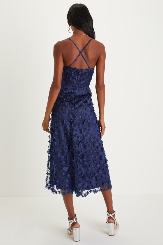 Navy Blue Glitter Dress - 3D Floral Dress - Sleeveless Midi Dress - Lulus
