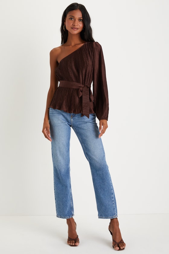 Brown Pearl One Shoulder Top