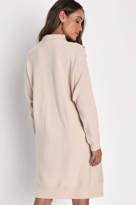 Cozy Stroll Beige Mock Neck Button Mini Sweater Dress 2