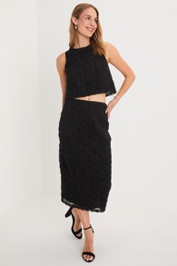 Luxurious Energy Black Tulle Rosette High-Waisted Midi Skirt