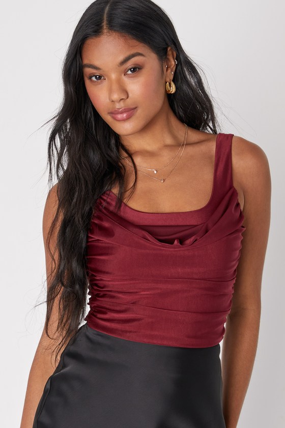 Lulus First Date Darling Burgundy Ruched Cropped Tank Top In Red