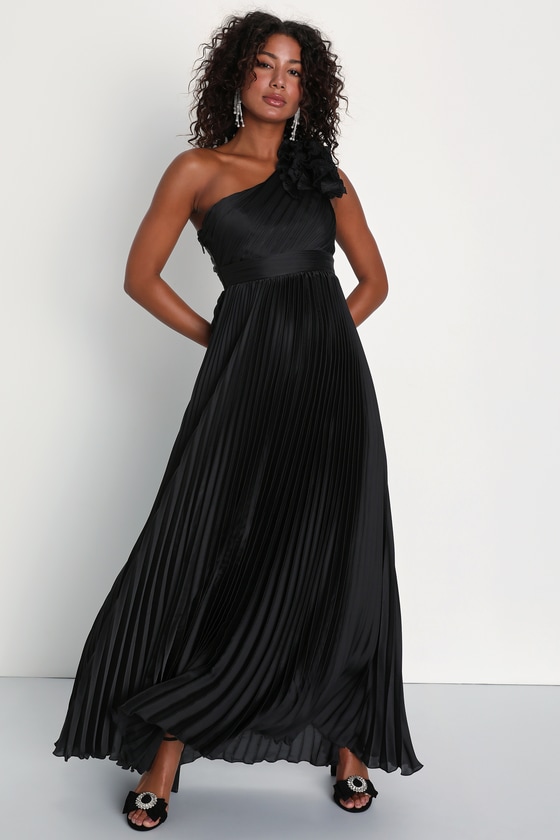 Lulus Radiant Affair Black Satin Pleated One-shoulder Maxi Dress