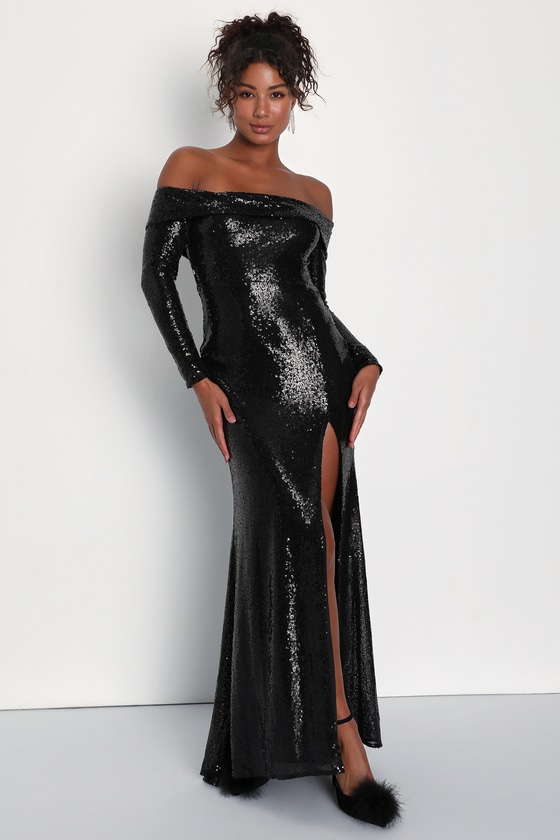 Black Sequin Dress - Off-The-Shoulder Dress - Long Sleeve Maxi - Lulus