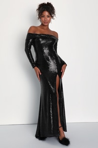 Party Icon Black Sequin Off-the-Shoulder Long Sleeve Maxi Dress