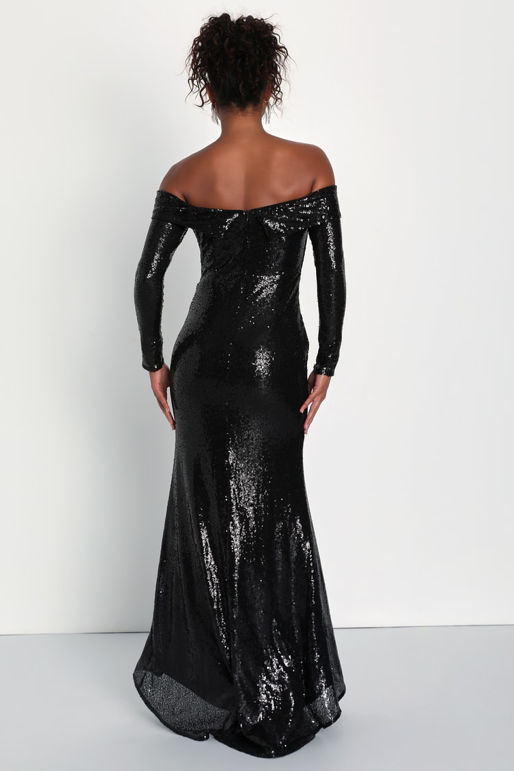 Party Icon Black Sequin Off-the-Shoulder Long Sleeve Maxi Dress