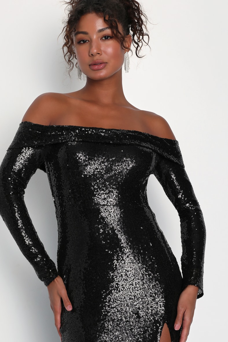 Party Icon Black Sequin Off-the-Shoulder Long Sleeve Maxi Dress