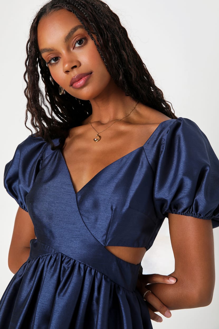 Navy Cutout Dress - Puff Sleeve Midi Dress - Bubble Hem Dress - Lulus