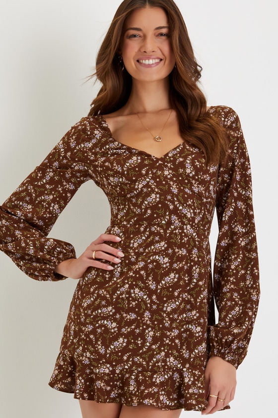Brown Floral Print Dress - Brown Mini Dress - Long Sleeve Dress - Lulus