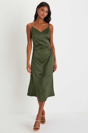 Olive Satin Dress A-Line Midi Dress Satin Surplice Dress Lulus