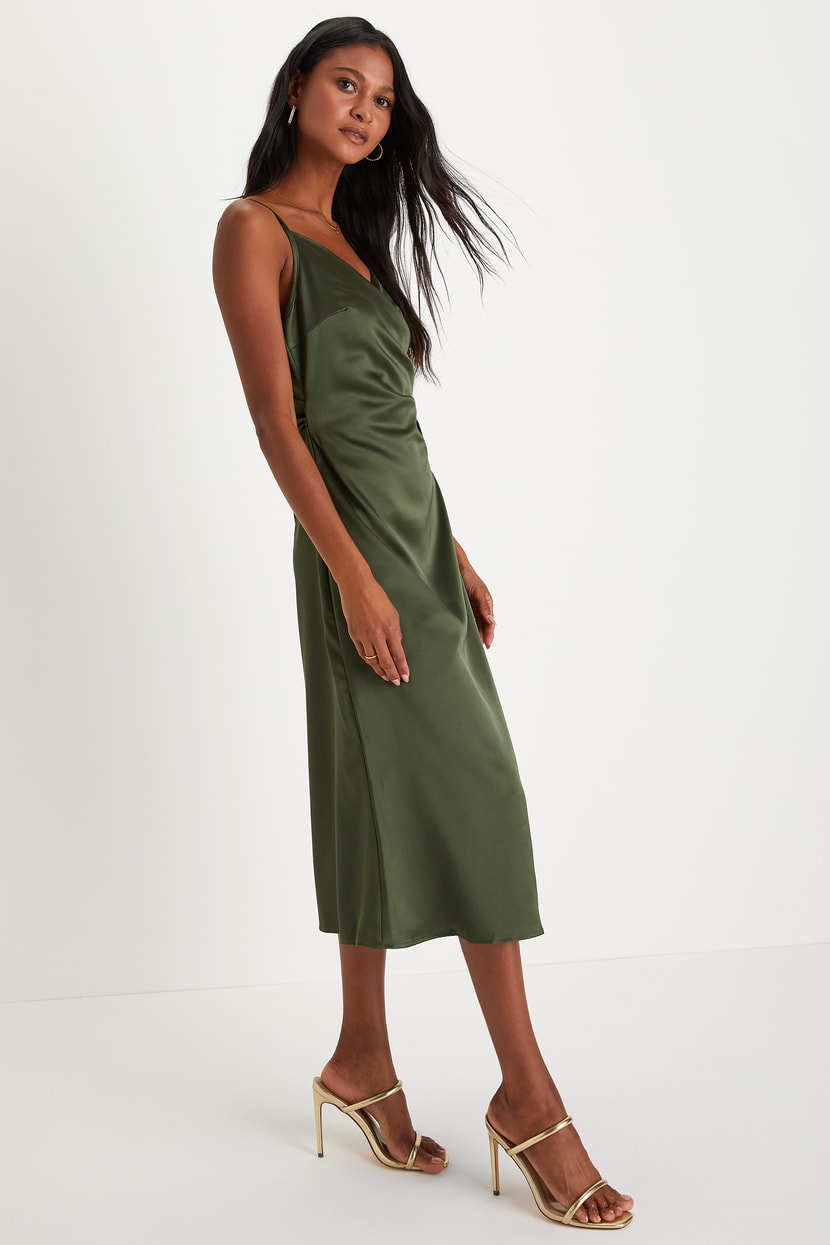 Olive Satin Dress - A-Line Midi Dress - Satin Surplice Dress - Lulus Olive Satin Dress - A-Line Midi Dress - Satin Surplice Dress - Lulus