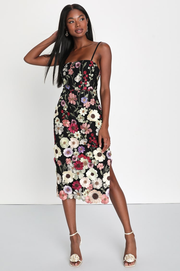 Black 3D Floral Applique Sleeveless Midi Dress | Womens | Small (Available in M, L) | 100% Polyester | Lulus