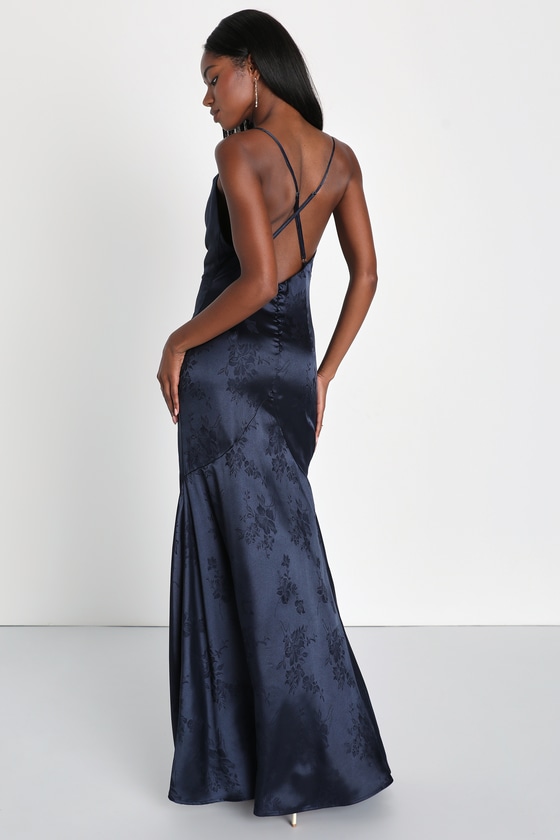 Chiffon Bateau Neck Formal Dress with Dramatic Back Drape Dark Navy