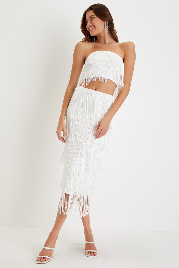 White Fringe Strapless Two-Piece Midi Dress | Womens | X-Small | 100% Polyester | Lulus