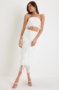 Remarkable Aura White Fringe Strapless Two-Piece Midi Dress