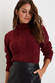 Snuggly Touch Burgundy Cable Knit Turtleneck Sweater