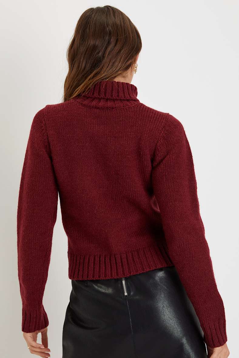 Snuggly Touch Burgundy Cable Knit Turtleneck Sweater