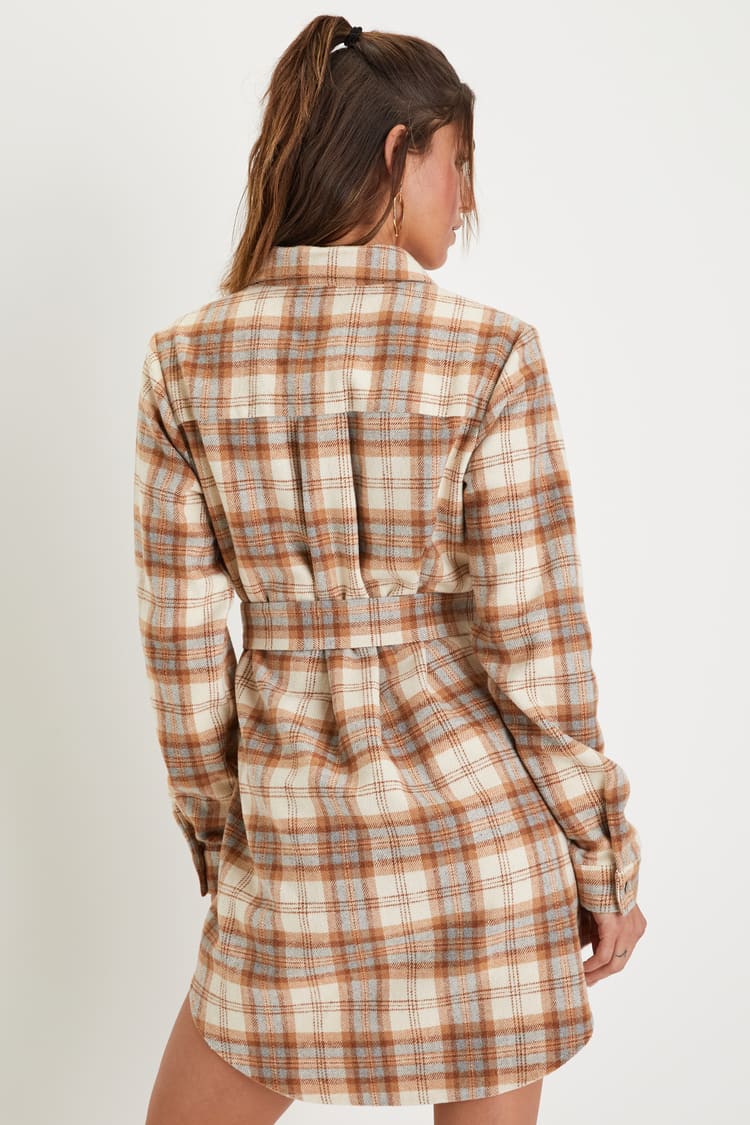Plaid Behavior Ivory and Brown Plaid Long Sleeve Mini Dress