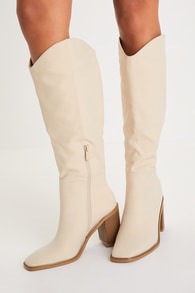 Beckyy Bone Suede Square Toe Knee-High Boots