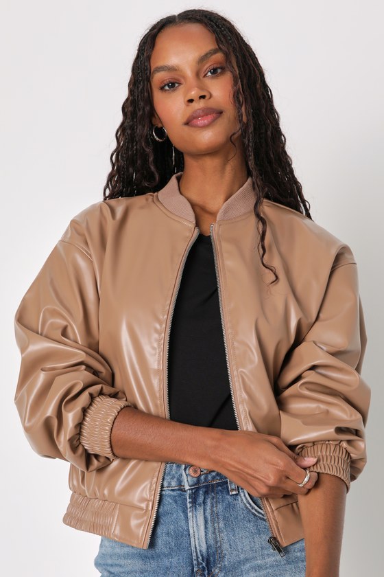 Lulus Iconic Essence Brown Vegan Leather Bomber Jacket