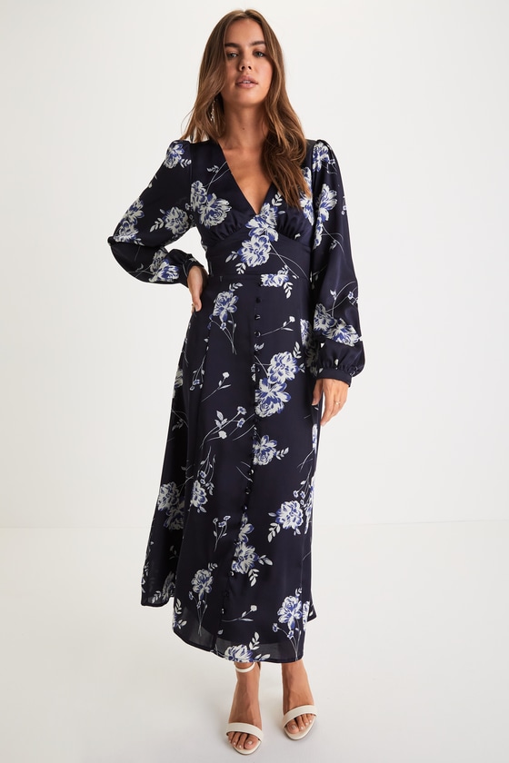 Navy Blue Midi Dress - Navy Floral Dress - Button-Front Dress - Lulus