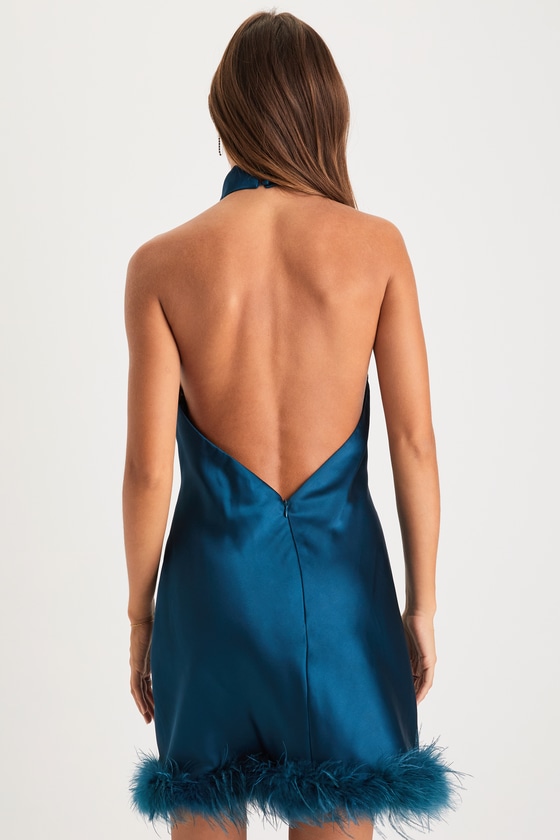 Enticing Glamour Teal Blue Satin Halter Feather Mini Slip Dress 2