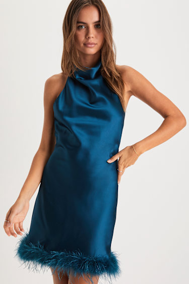 Teal Blue Satin Mini - Teal Slip Dress - Feather Trim Mini Dress - Lulus