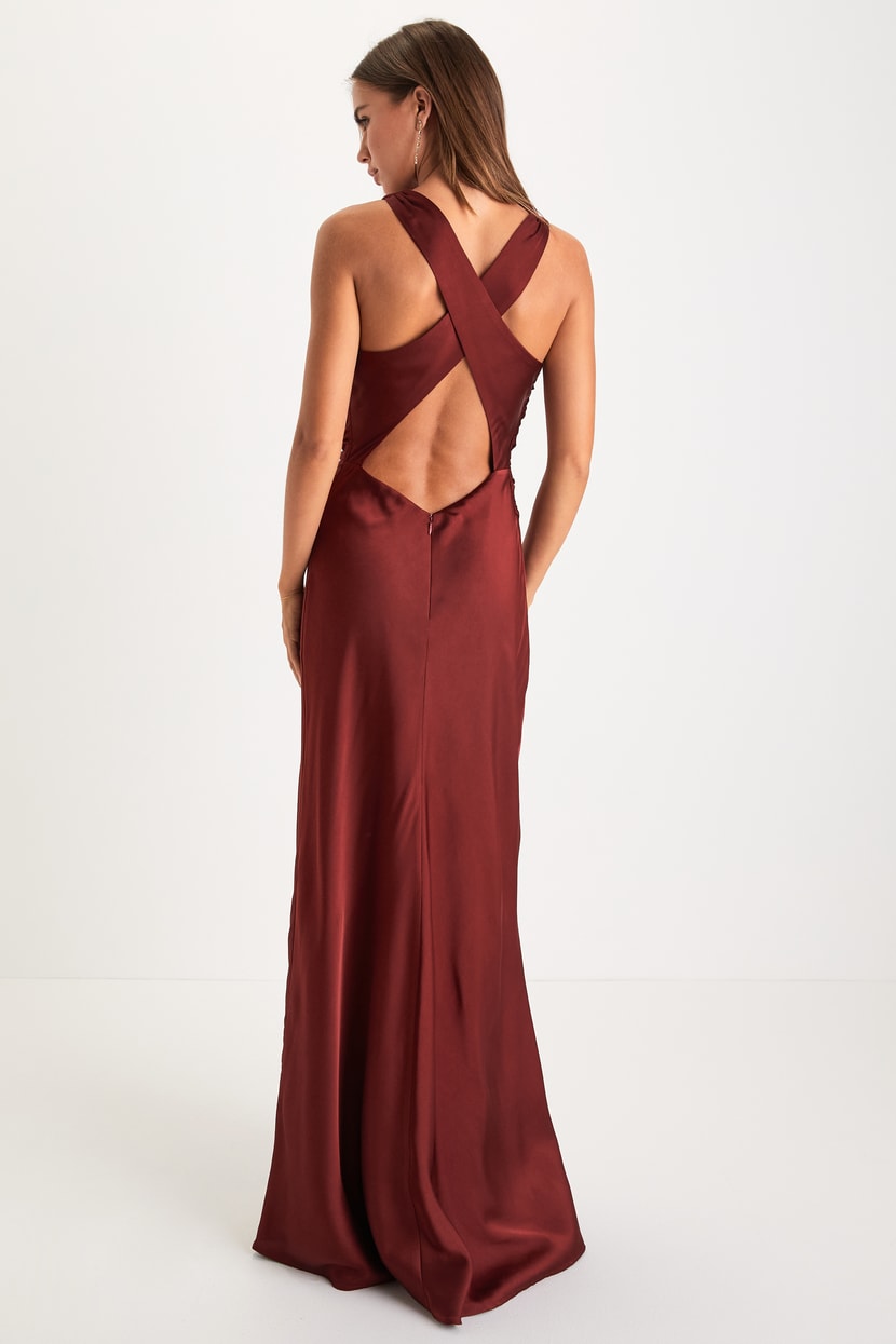 Wine Red Satin Maxi Dress - Cowl Neck Dress - Backless Maxi Dress - Lulus