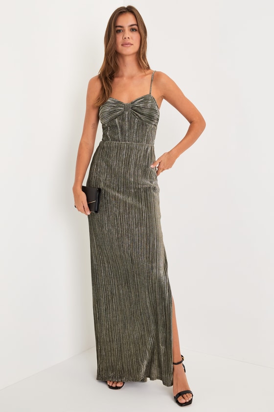 Lulus Glimmer And Glitz Black And Gold Lurex Pleated Maxi Dress