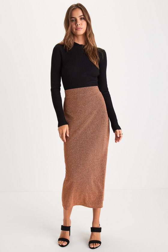 Shiny Rust Skirt - Lurex Skirt - High-Rise Midi Skirt - Lulus