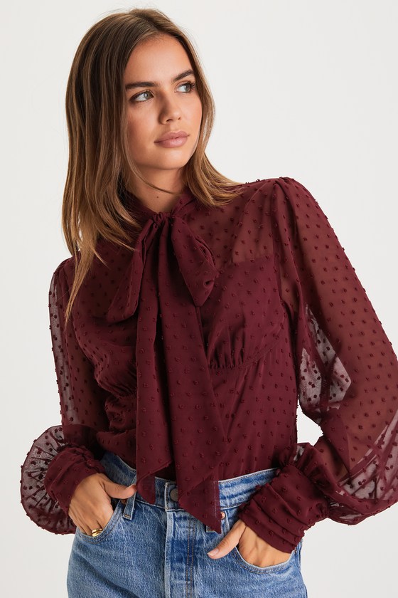 Sophisticated Fashion Burgundy Swiss Dot Tie-Neck Top 3