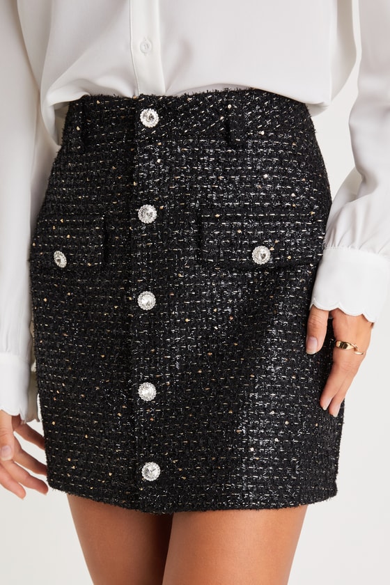 Black Mini Skirt - Rhinestone Button-Front Skirt - Shiny