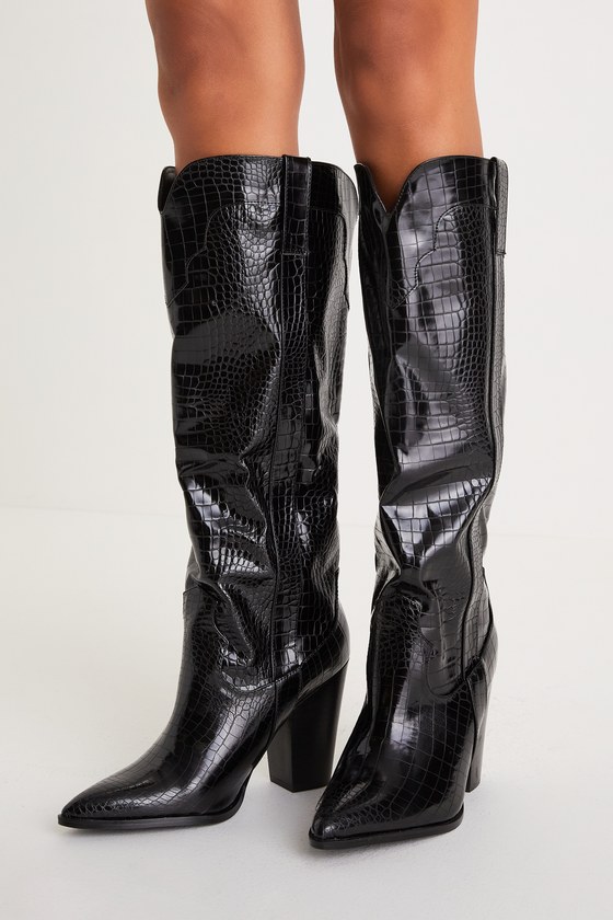Black Western Boots - Knee-High Boots - Crocodile-Embossed Boots - Lulus