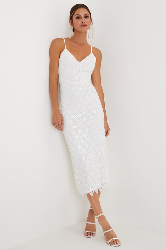 Lulus Glittery Presence White Sequin Sleeveless Midi Dress