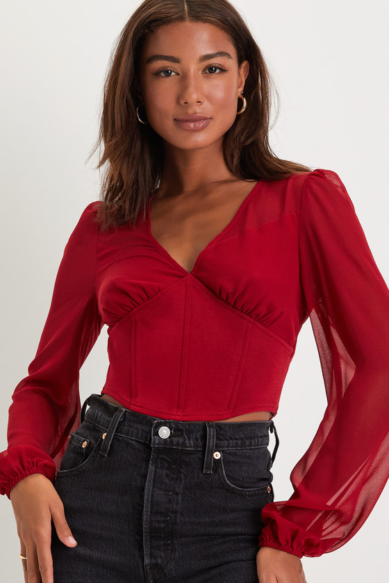 Sexy Red Top - V-Neck Top - Balloon Sleeve Top - Corset Crop Top - Lulus