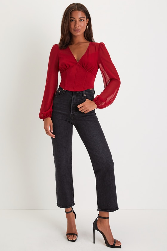 Ultimate Sensation Red Long Sleeve V-Neck Corset Top 7