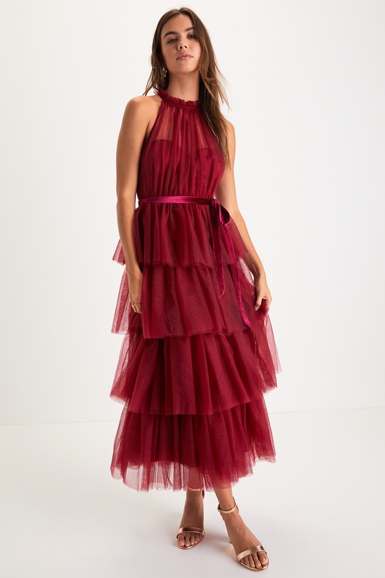 Lulus Wondrous Glamour Wine Red Tulle Tiered Halter Midi Dress