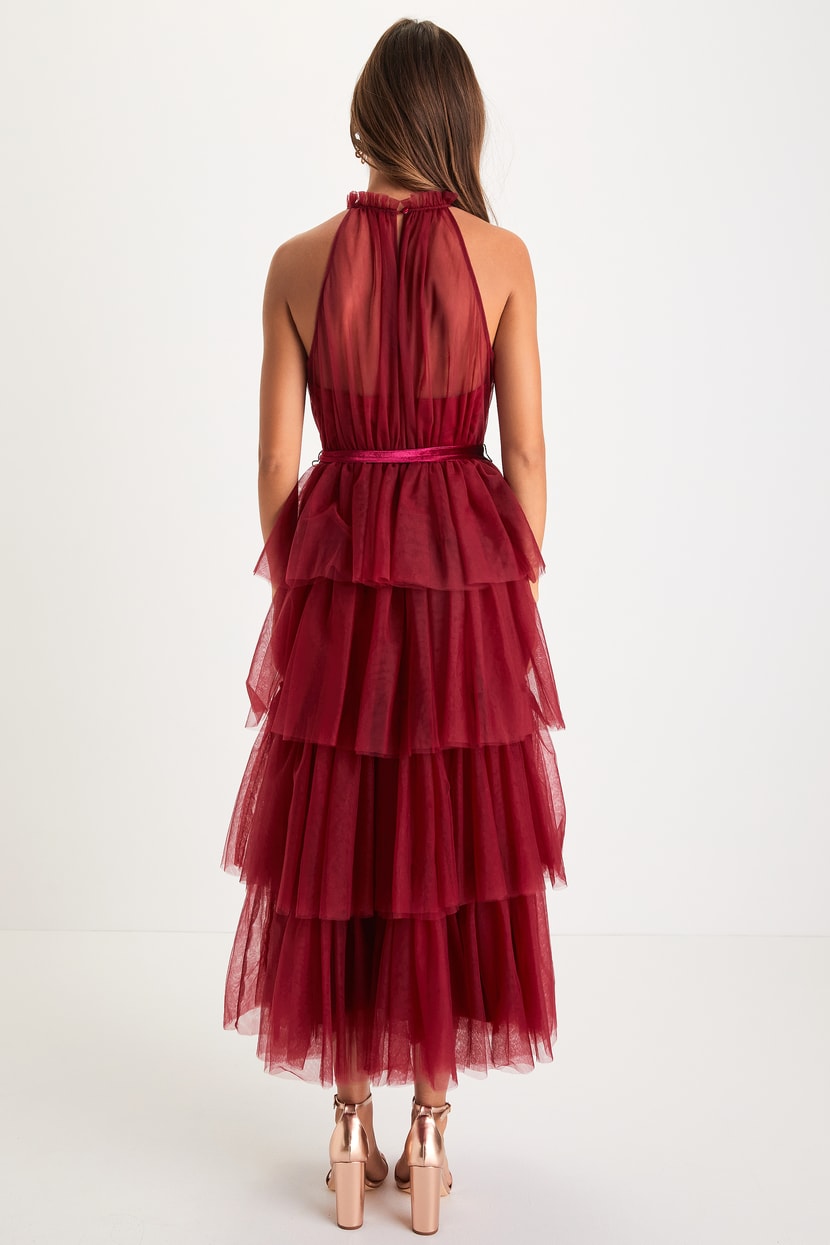 Wine Red Tiered Dress - Tulle Dress - Sheer Dcolletage Dress - Lulus Wine Red Tiered Dress - Tulle Dress - Sheer Dcolletage Dress - Lulus