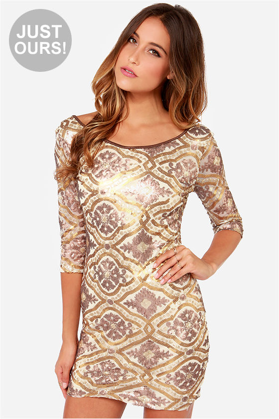 Gold Dress Damask Dress Sequin Dress 49.00 Lulus