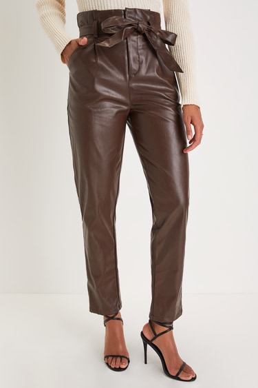 Made to Lead Dark Brown Vegan Leather Paperbag Waist Trousers