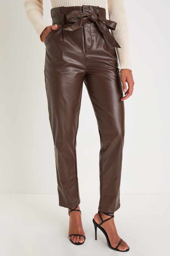 Made to Lead Dark Brown Vegan Leather Paperbag Waist Trousers 8