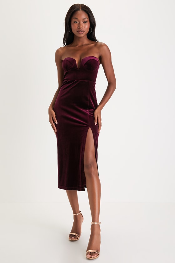 Sexy Plum Purple Dress - Velvet Midi Dress - Bustier Midi Dress - Lulus