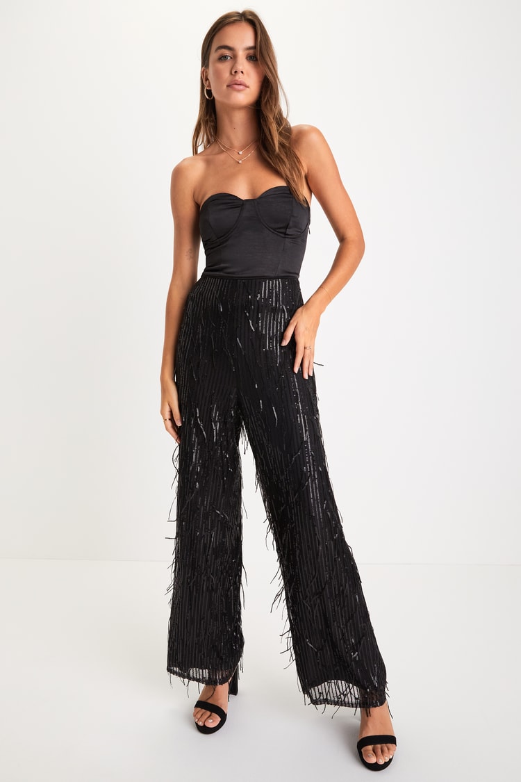 Shimmery Aura Black Sequin Fringe High-Rise Wide-Leg Pants