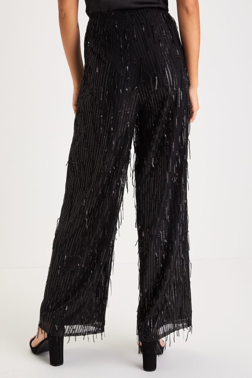 Shimmery Aura Black Sequin Fringe High-Rise Wide-Leg Pants